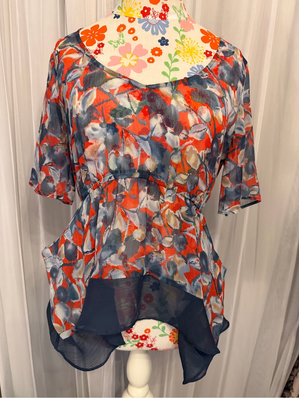 BCBGeneration Blue & Coral Floral Peplum Blouse
